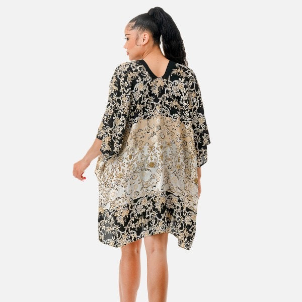 Painterly Floral Damask Print Lightweight Kimono