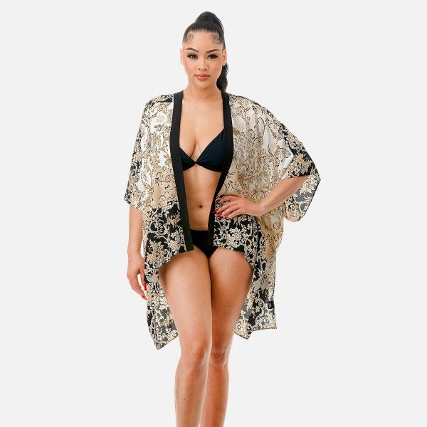 Painterly Floral Damask Print Lightweight Kimono