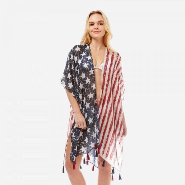 Women's Lightweight American Flag Tassel Kimono.