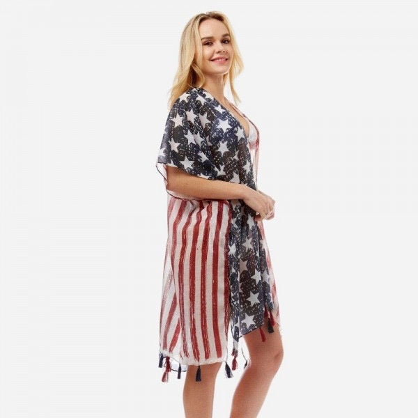 Women's Lightweight American Flag Tassel Kimono.