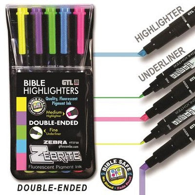 Zebrite Highlighters, Set of 5, Yellow, Purple, Green, Blue, Pink