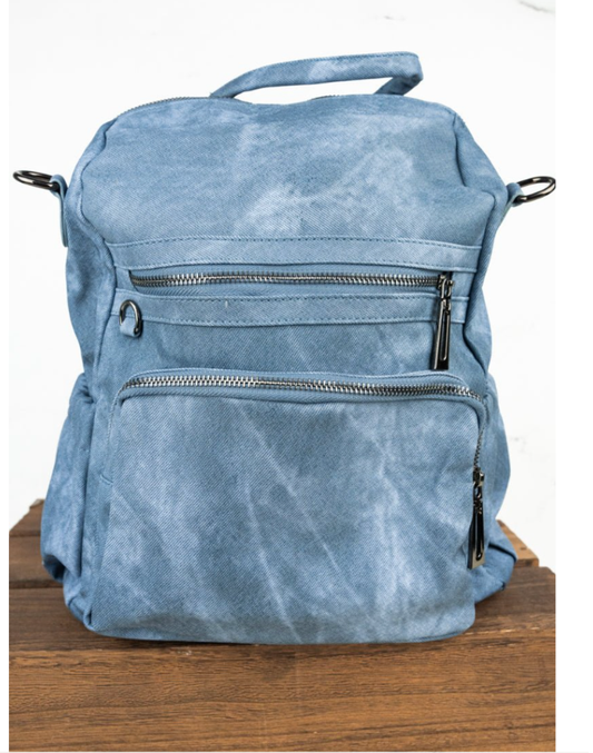 CHARMED LIFE DENIM BLUE FAUX LEATHER BACKPACK TOTE