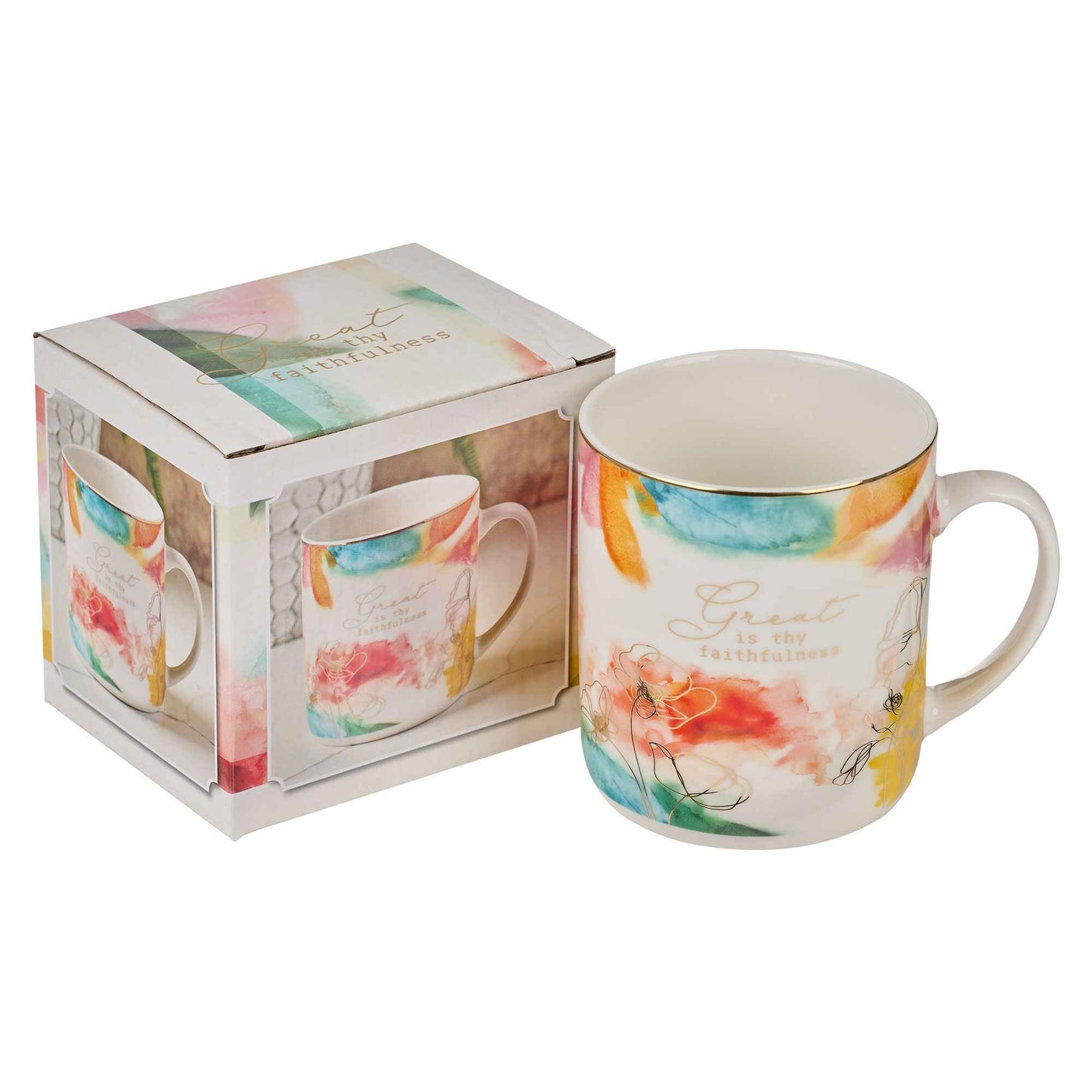 Christian Art Gifts - Mug White/White Floral Great Is Thy Faithfulness