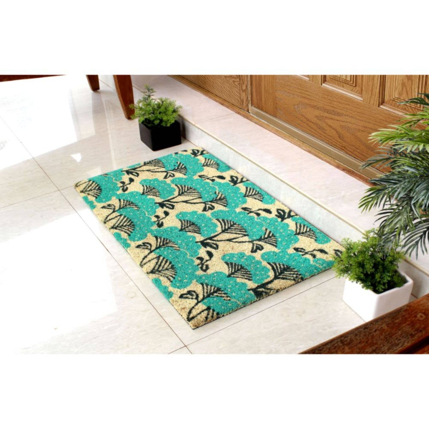 RugSmith - RugSmith Ice Green Blue Floral Coir Doormat, 18" x 30"