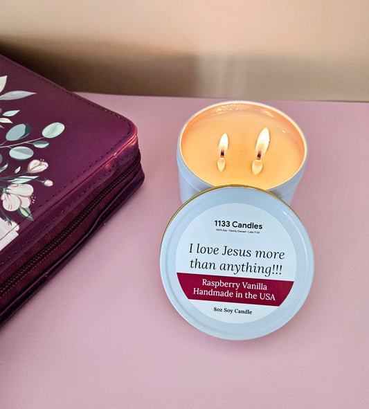 1133 Candles - 8oz Candle Raspberry Vanilla  - I love Jesus Christian Gift
