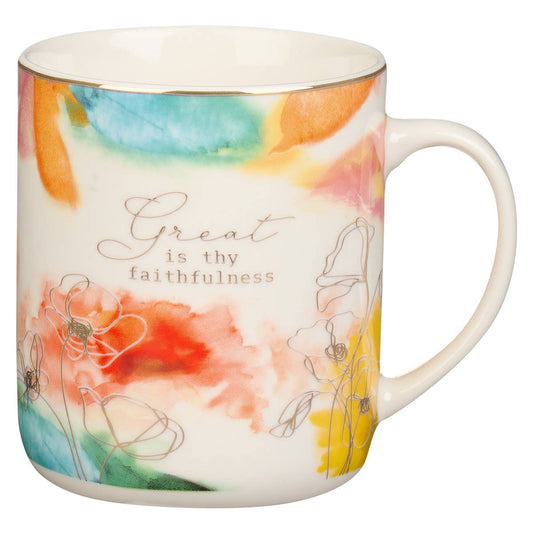 Christian Art Gifts - Mug White/White Floral Great Is Thy Faithfulness