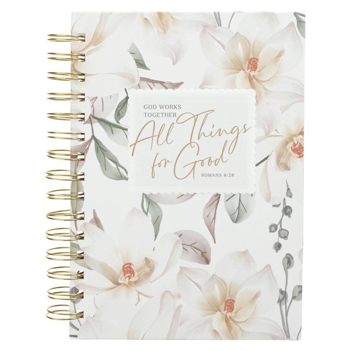 Christian Art Gifts - Journal Wirebound White Floral All Things For Good Rom. 8:27