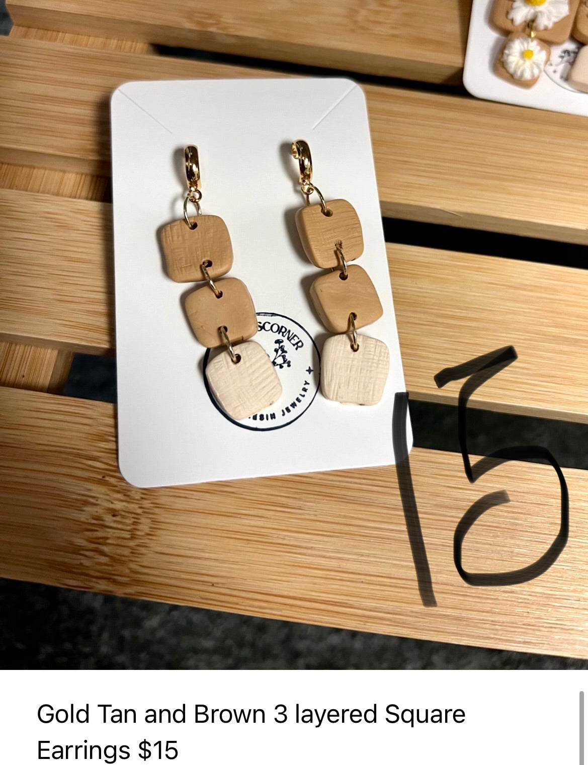 Gold and Tan Brown 3 layered square earrings