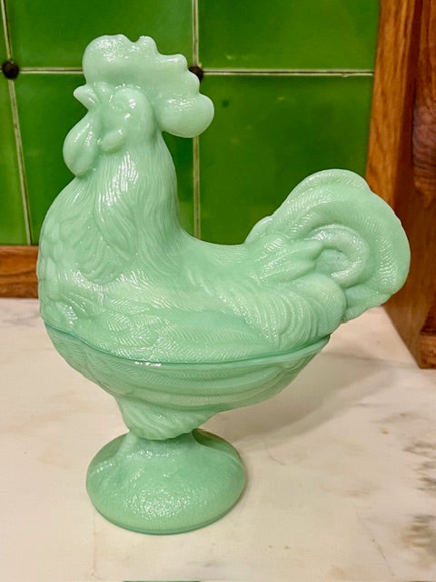 D&S Vintage Decor-  Jadeite Rooster  2 Piece Canister On a Pedestal $60