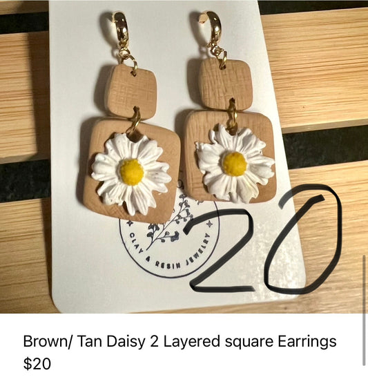 Brown/Tan Daisy 2 layered square earrings