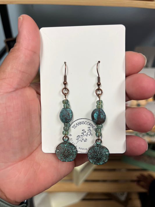 Teannscorner-  Teal Sand Dollar Bronze Beaded Earrings $15