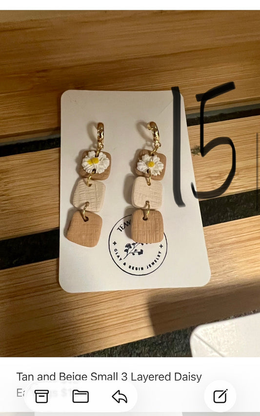 Tan and Beige small 3 layered daisy earrings