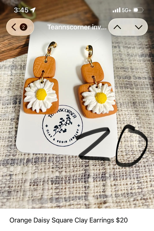 Orange Daisy Square clay earrings