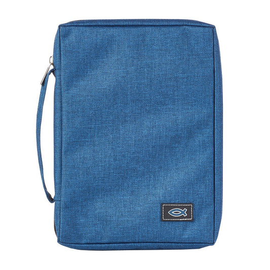 Blue Poly-canvas Bible Cover with Ichthus Fish Badge Large