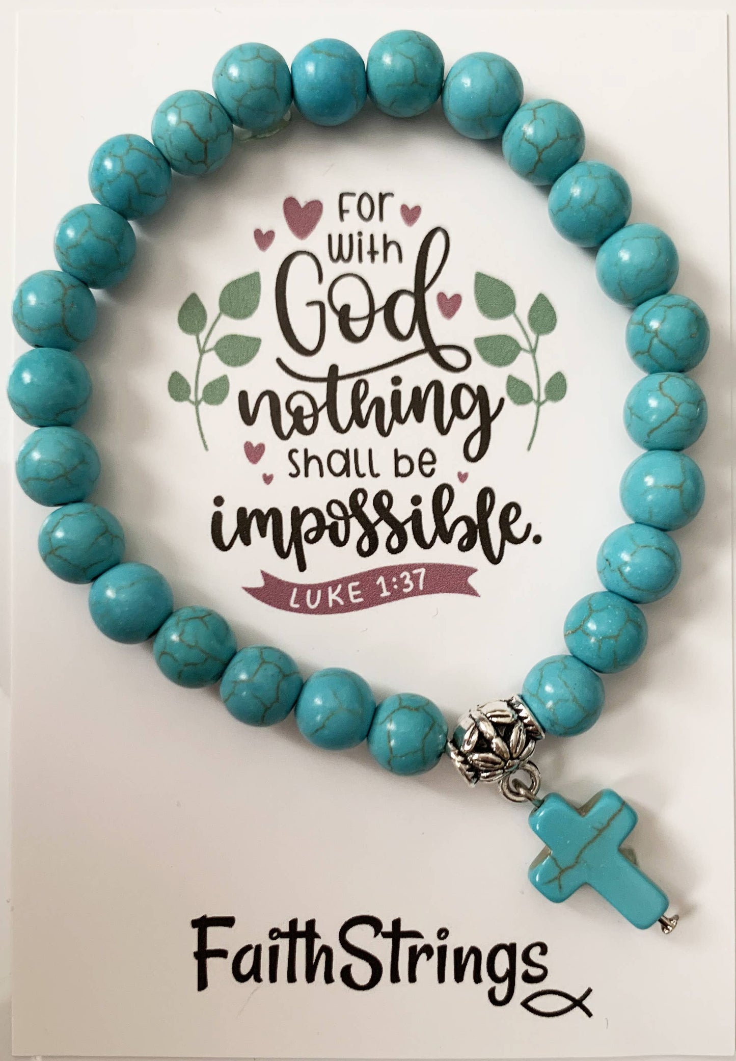 Faithstrings - Christian Cross Synthetic Turquoise Bead Stretch Bracelet