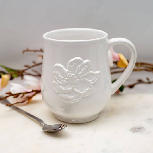 The Royal Standard - Magnolia Embossed Coffee Mug   White   18oz