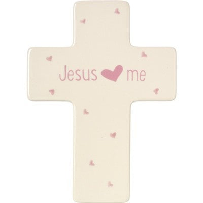 Jesus Loves Me Cross Girl Ivory w/Pink Hearts Ceramic