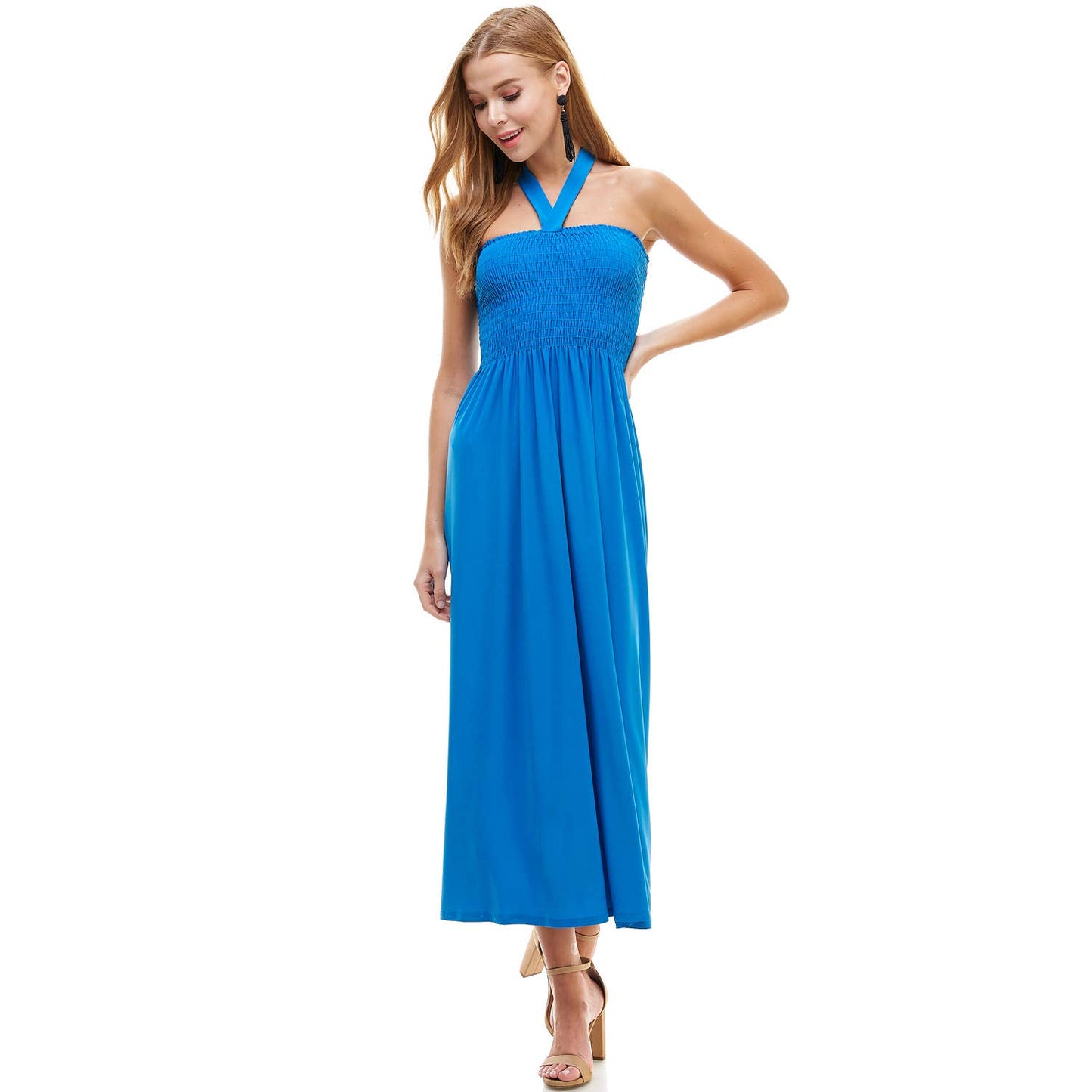 Halter Smocked Maxi Dress with Shirred Upper Top