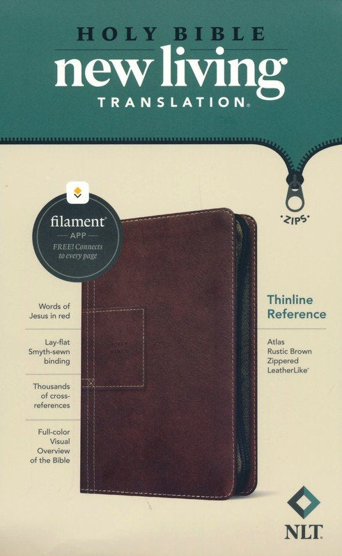 NLT Thinline Reference Zipper Bible, Filament Enabled Edition (LeatherLike, Atlas Rustic Brown)