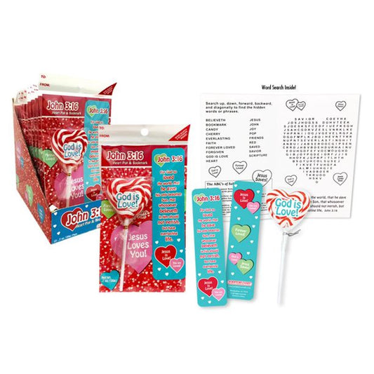 Scripture candy, john 3:16 heart pop & bookmark set candy, cherry pop!