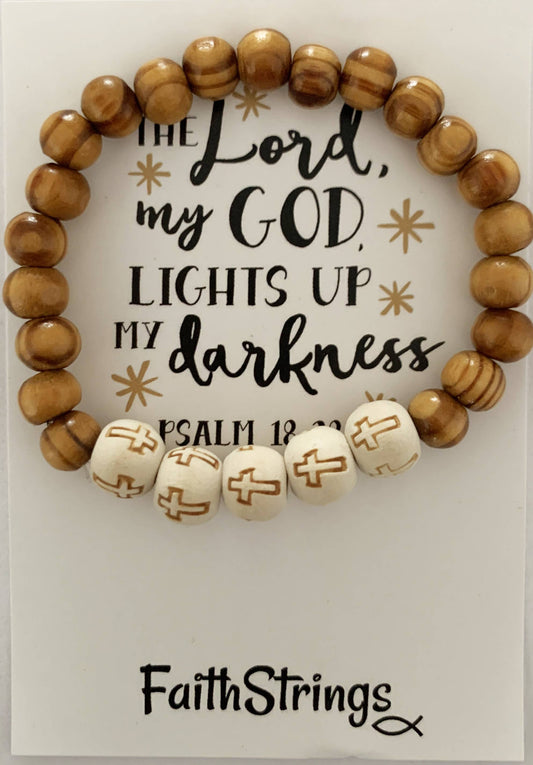 Faithstrings - Christian Gift Wood Bead Bracelet White Cross Light Faith