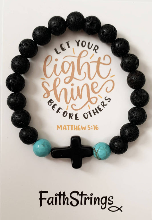 Faithstrings - Christian Cross Lava Bead Bracelet Black Turquoise Light