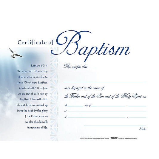Baptism - White Clouds Flat Certificate (Pkg 6)