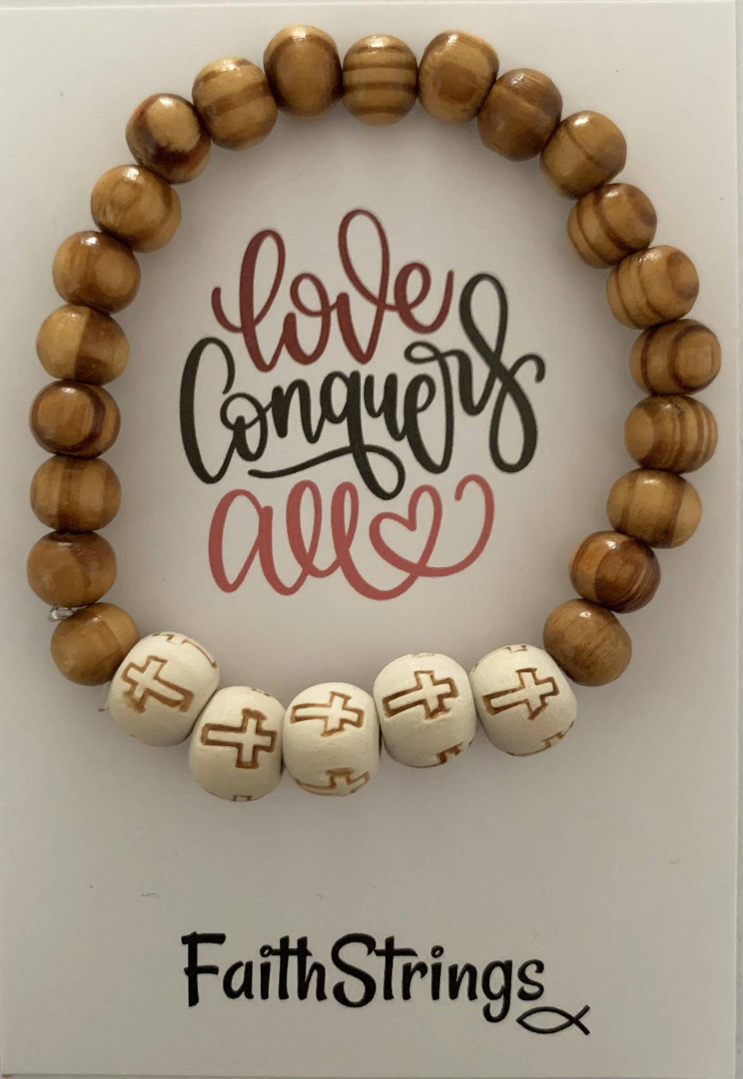 Faithstrings - Christian Gift Wood Bead Bracelet White Cross Love Conquers