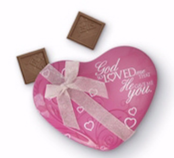 Candy-Valentine God So Loved Me Pink Heart Tin (10 Milk Chocolate Squares 3.5 Oz)
