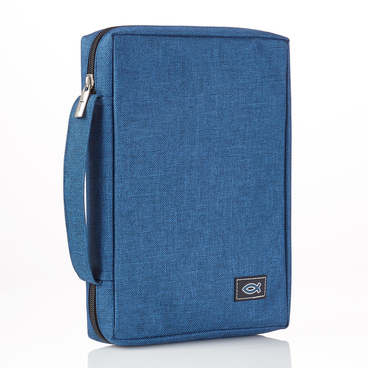 Blue Poly-canvas Bible Cover with Ichthus Fish Badge Large