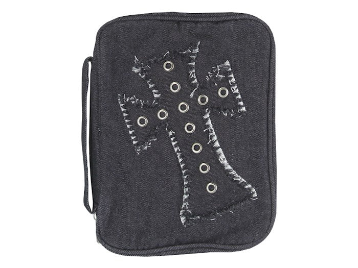 Bible Cover-Denim W/Grommets & Cross Applique-Black-XLG