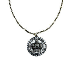 Crown Medallion Pendant Antiqued Jeweled Necklace