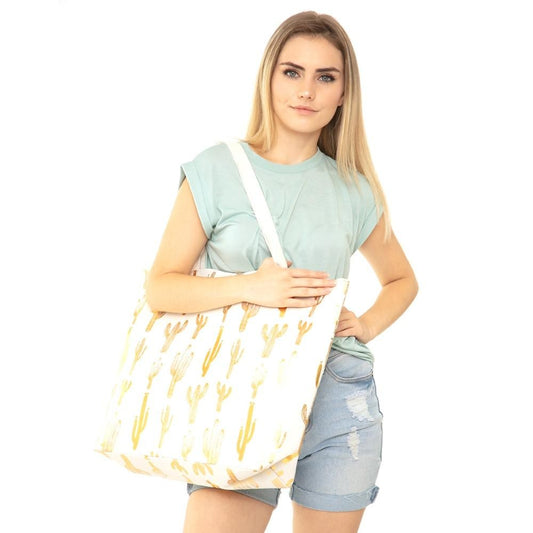 Metallic Cactus Print Canvas Tote Bag.