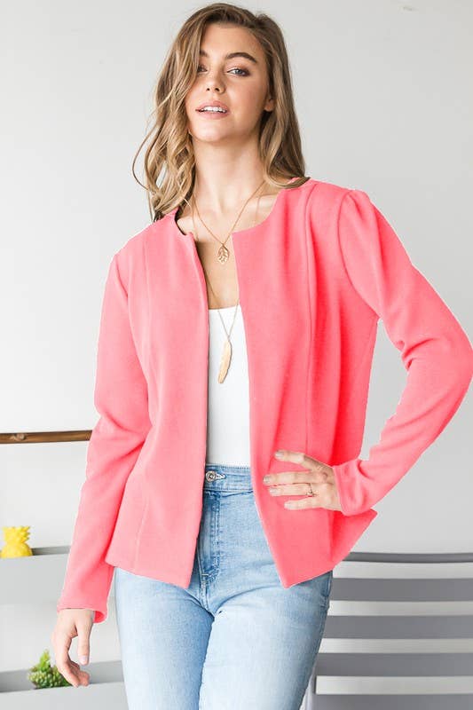 NO LAPEL SOLID OPEN BLAZER-NEON PINK