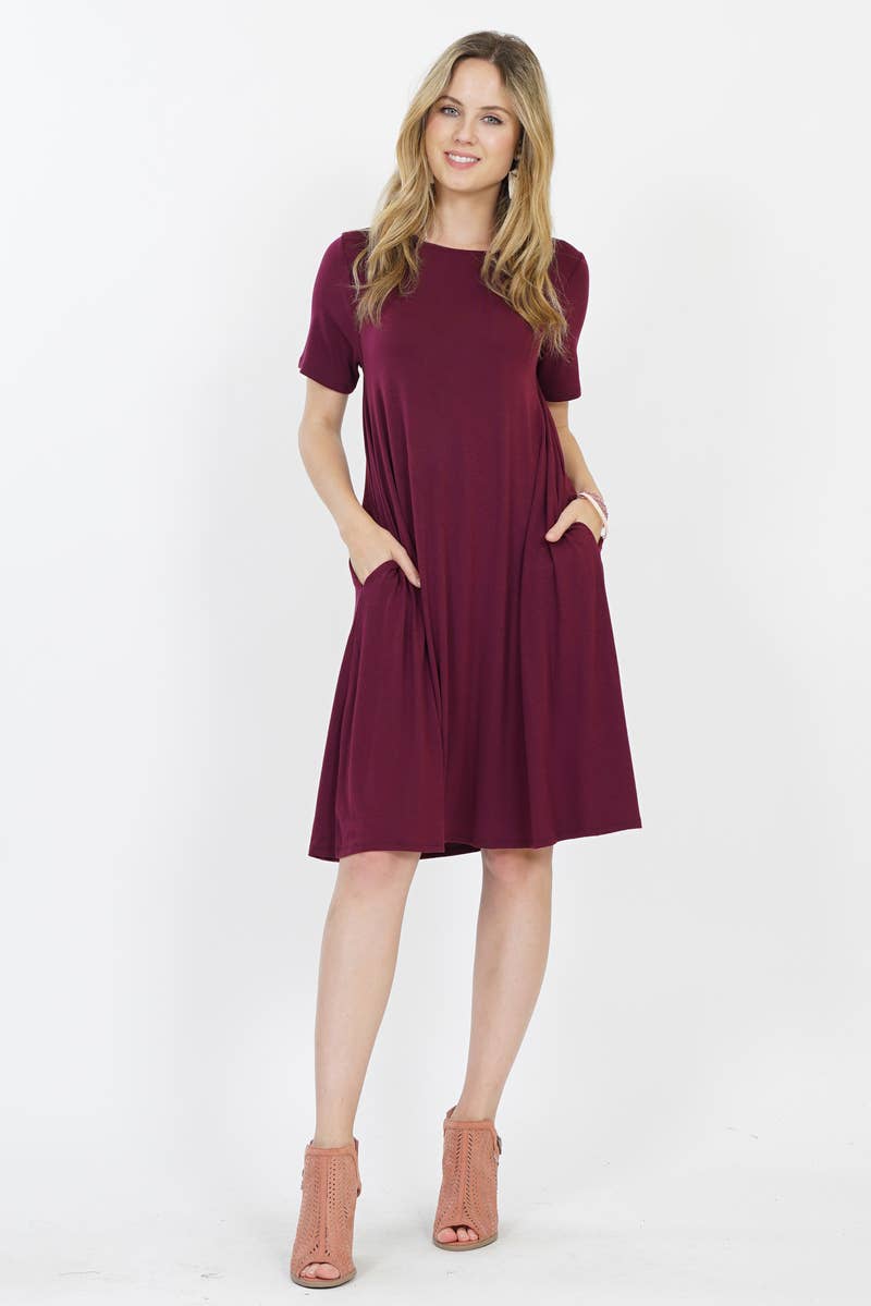 42POPS - ,,...._ SI-24067 SHORT SLEEVE FLARED DRESS WITH SIDE POCKETS