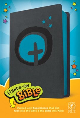 NLT Hands-On Bible--soft leather-look, dark gray/blue cross