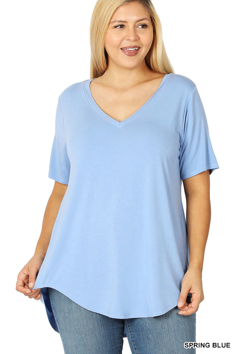 PLUS LUXE RAYON SHORT SLEEVE V-NECK HI-LOW HEM TOP