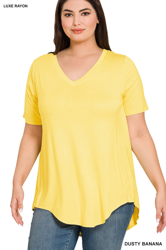 PLUS LUXE RAYON SHORT SLEEVE V-NECK HI-LOW HEM TOP