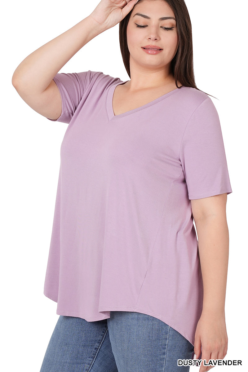 PLUS LUXE RAYON SHORT SLEEVE V-NECK HI-LOW HEM TOP