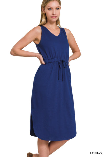 POLY COTTON DRAWSTRING WAIST CURVED HEM DRESS