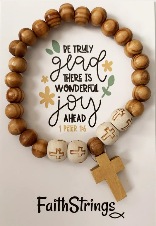 Be truly glad there is wonderful joy ahead Christian Cross Wood White Bead Bracelet