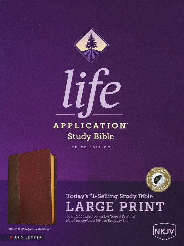 NKJV Life Application Study Bible, Third Edition, Large Print (Red Letter, LeatherLike, Brown/Mahogany, Indexed), LeatherLike, Mahogany, With thumb index