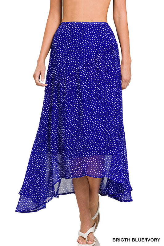 POLKA DOT PRINT HANKY HEM ELASTIC WAIST MAXI SKIRT