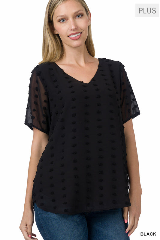 SWISS DOT SHORT SLEEVE V-NECK ROUND HEM TOP