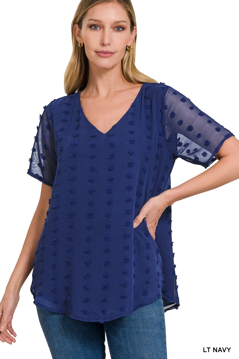 SWISS DOT SHORT SLEEVE V-NECK ROUND HEM TOP