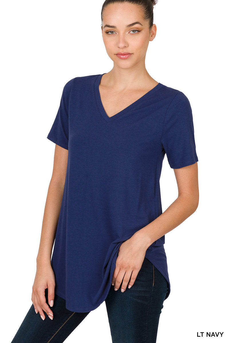 SHORT SLEEVE V-NECK ROUND HEM TOP