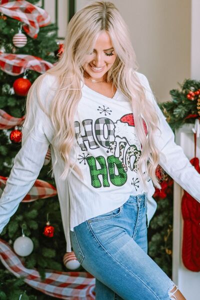 V-Neck Christmas Graphic High-Low Design Long Sleeve Top