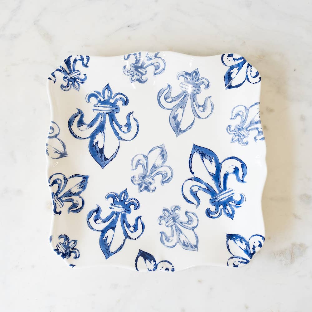 The Royal Standard - Watercolor Fleur De Lis Serving Platter     White/Blue/Light Blue   11.5x11.5x1