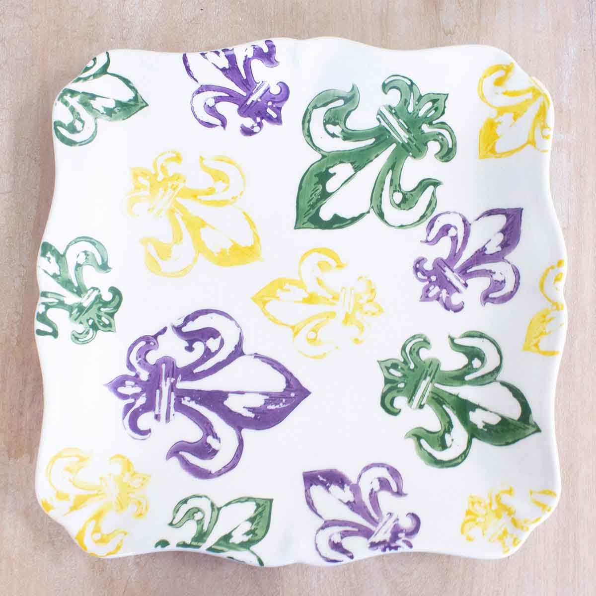 The Royal Standard - Watercolor Fleur de Lis Platter Purple/Green/Yellow 11x11x1