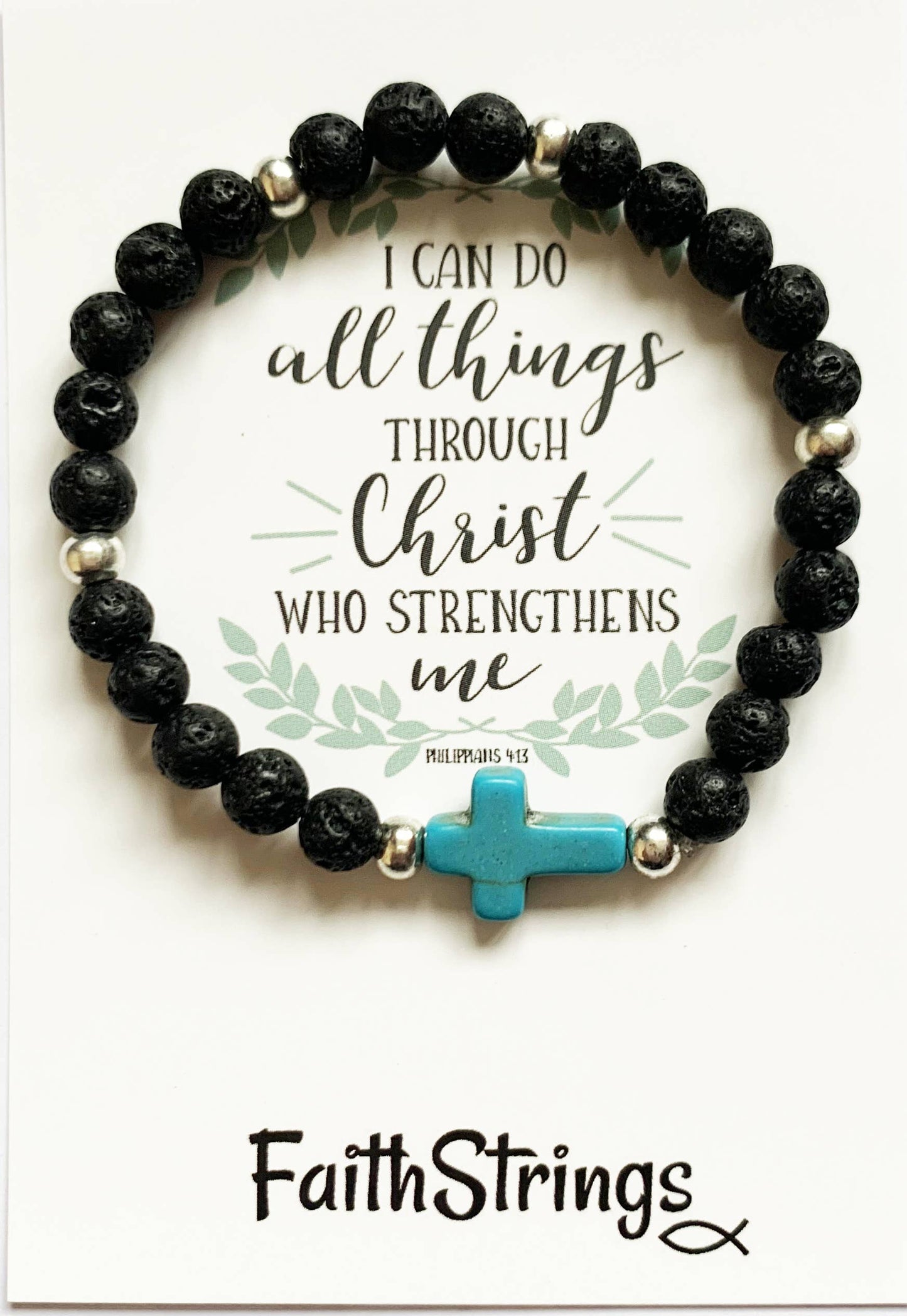 Faithstrings - Christian Cross Lava & Tibetan Bead Stretch Bracelet Gift